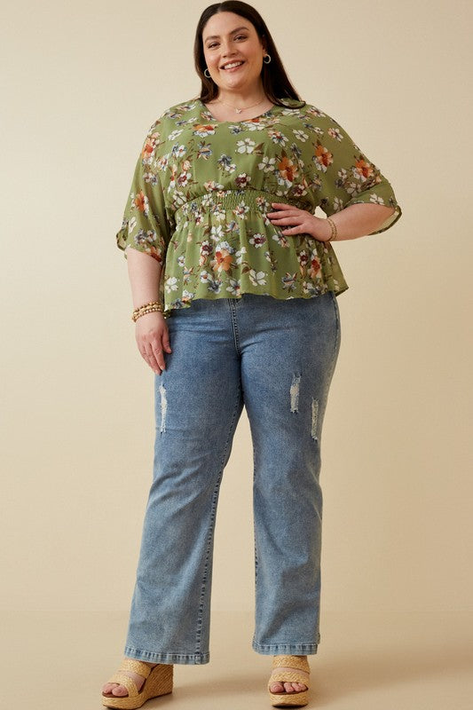 Smocked Waist V Neck Dolman