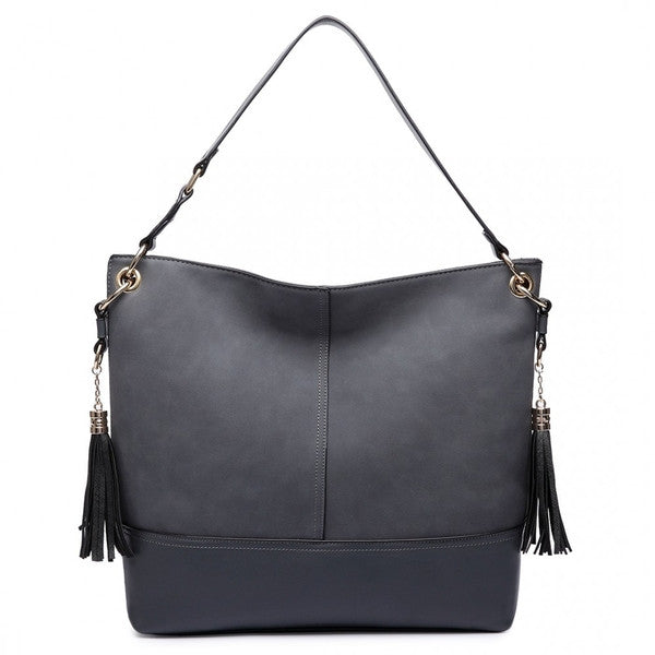 Z-LEATHER TASSEL SLOUCH HOBO BAG GREY-SOLD-SOLD-Daring Diva Australia