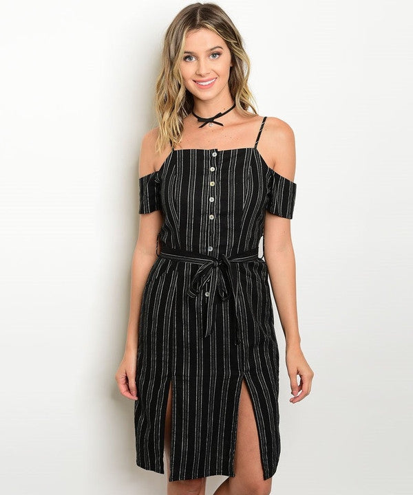 Z-BUTTONED PINSTRIPE DRESS BLACK-SOLD-SOLD-Daring Diva Australia