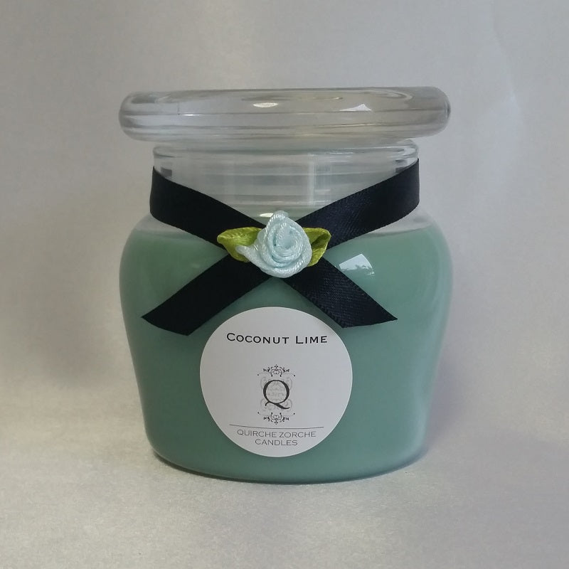 quirche zorche candles, scented candle, fragrant candle, wick, candle, glass jar candle, glass jar, one wick candle, candle fragrance, home fragrance, fragrance, décor, green candle, green, coconut, lime