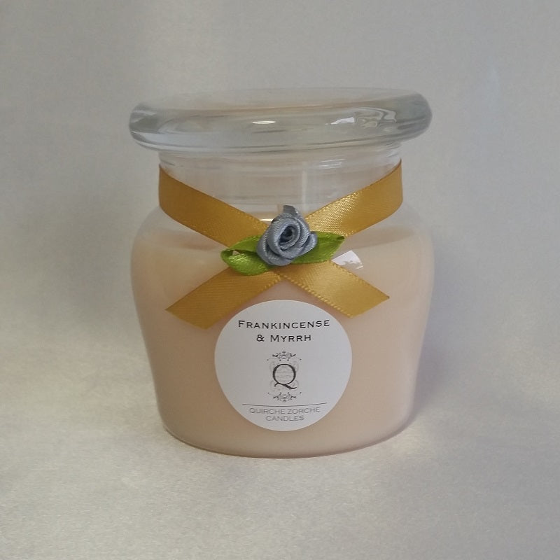 quirche zorche candles, scented candle, fragrant candle, wick, candle, glass jar candle, glass jar, one wick candle, candle fragrance, home fragrance, fragrance, décor, frankincense, myrrh, white candle, white, natural
