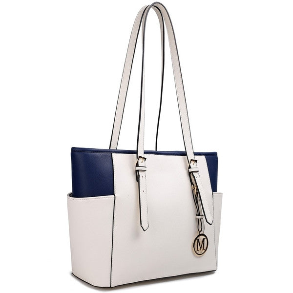 ADJUSTABLE HANDLE TOTE BAG BEIGE AND NAVY-SOLD-SOLD-Daring Diva Australia