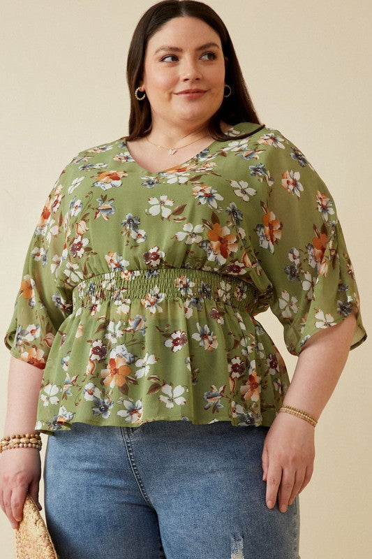 Smocked Waist V Neck Dolman