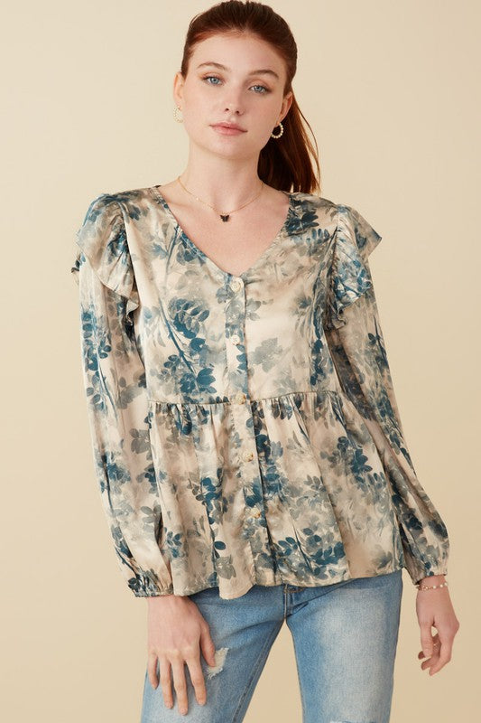 Satin Botanical Ruffle Top