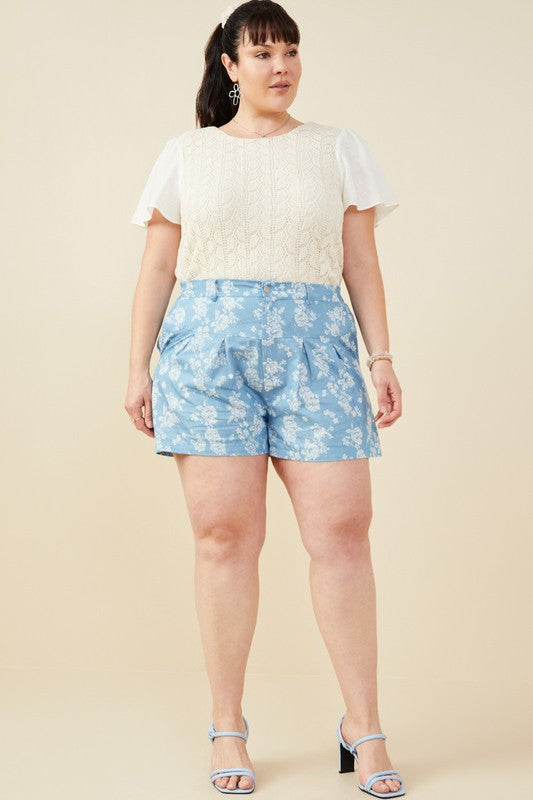 Floral Pleated Chambray Shorts