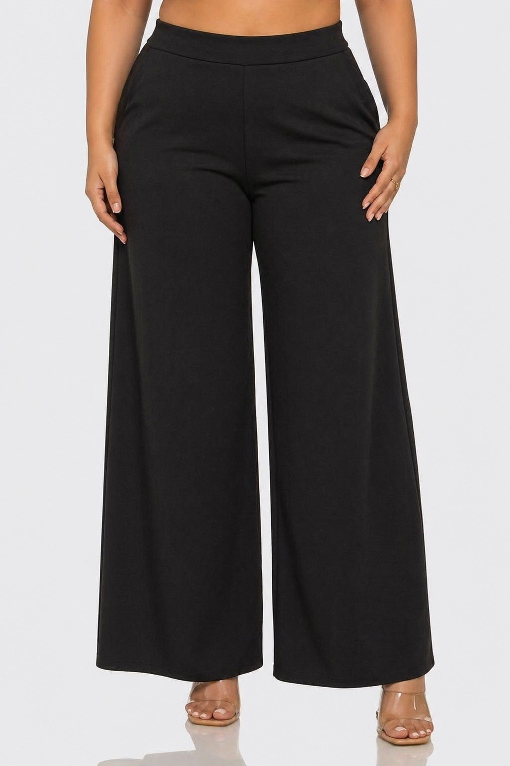 Plus Size Wide Legs Pockets Long Pants High Waited Stretchy