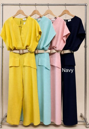Plus Size Belted Top And Wide Leg Pants Set