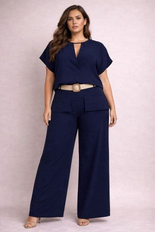 Plus Size Belted Top And Wide Leg Pants Set