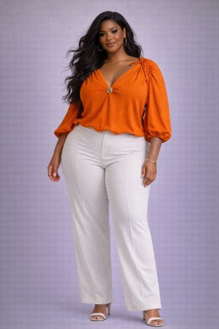 Plus Size Draped Shoulder Tie Gold Button Detail Blouse