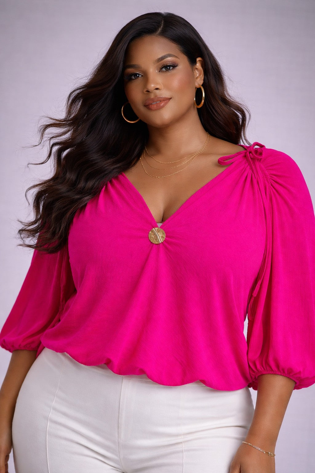 Draped Shoulder Gold Button Blouse