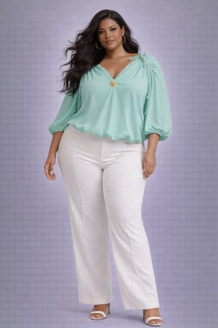Plus Size Draped Shoulder Tie Gold Button Detail Blouse