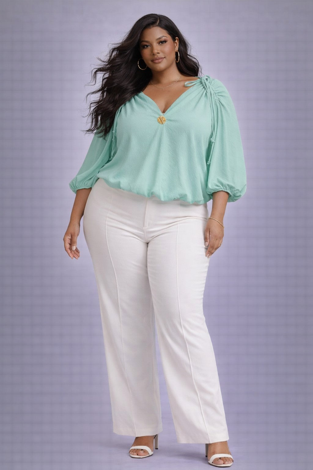 Draped Shoulder Gold Button Blouse