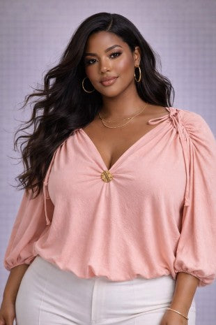 Plus Size Draped Shoulder Tie Gold Button Detail Blouse