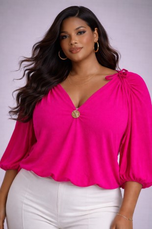Plus Size Draped Shoulder Tie Gold Button Detail Blouse