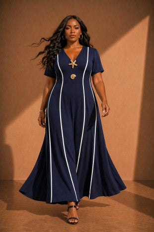 Plus Size Piping Starfish Shell Detail V Neck Maxi Dress