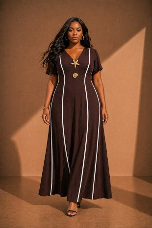 Plus Size Piping Starfish Shell Detail V Neck Maxi Dress