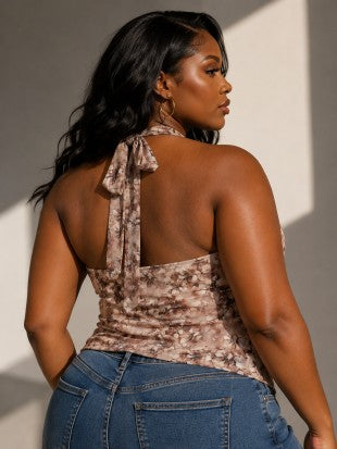 Plus Size Floral Print Halter Neck Mesh Top