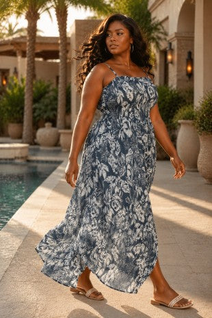 Plus Size Floral Print Smocked Maxi Dress