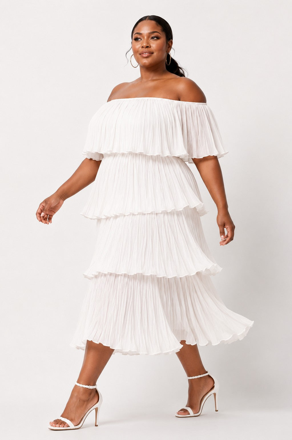 Off Shoulder Tiered Ruffle Midi Dress