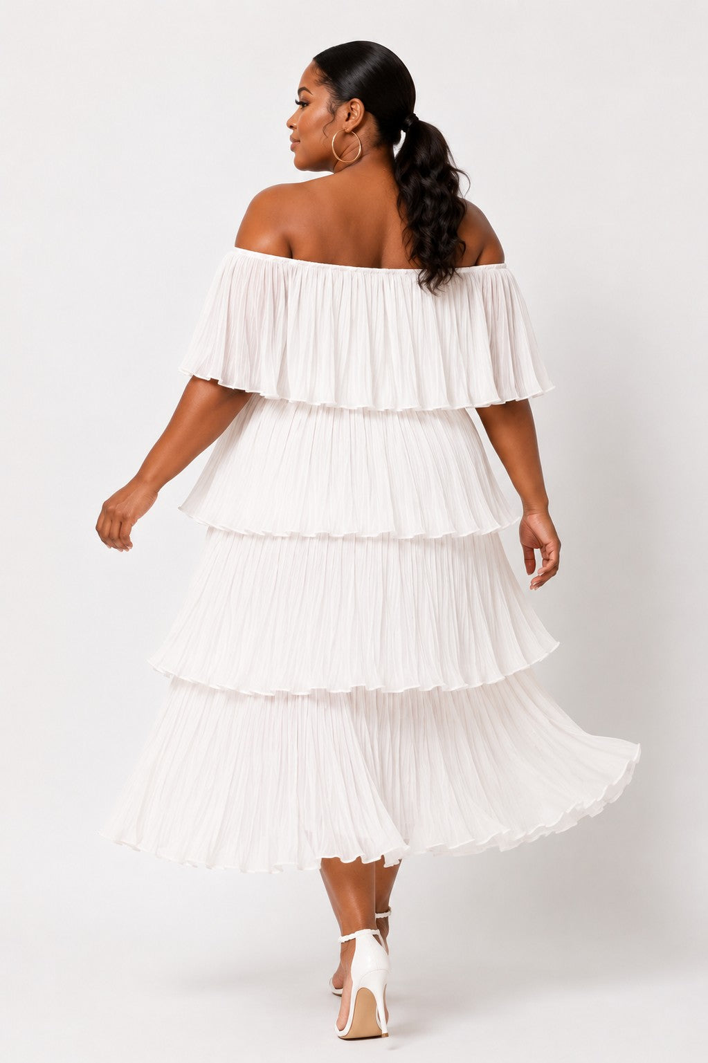 Off Shoulder Tiered Ruffle Midi Dress