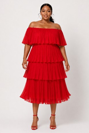 Plus Size Off Shoulder Tiered Ruffle Midi Dress
