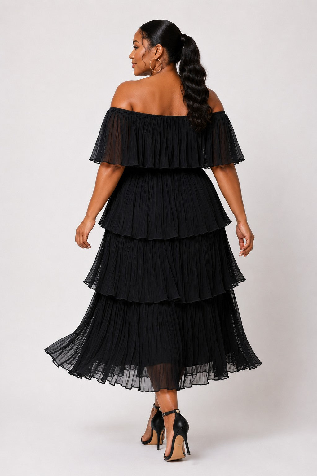 Off Shoulder Tiered Ruffle Midi Dress
