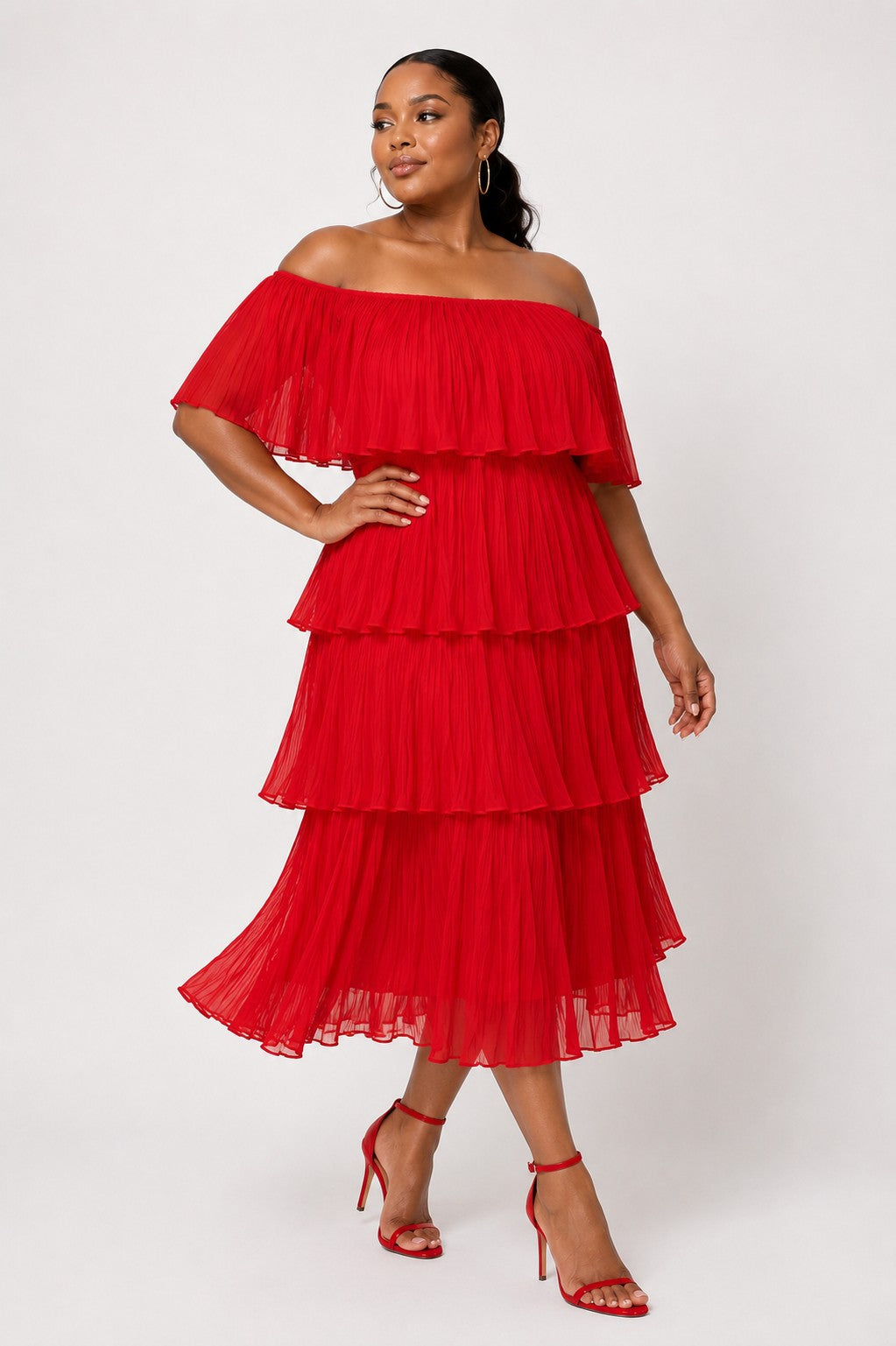 Off Shoulder Tiered Ruffle Midi Dress