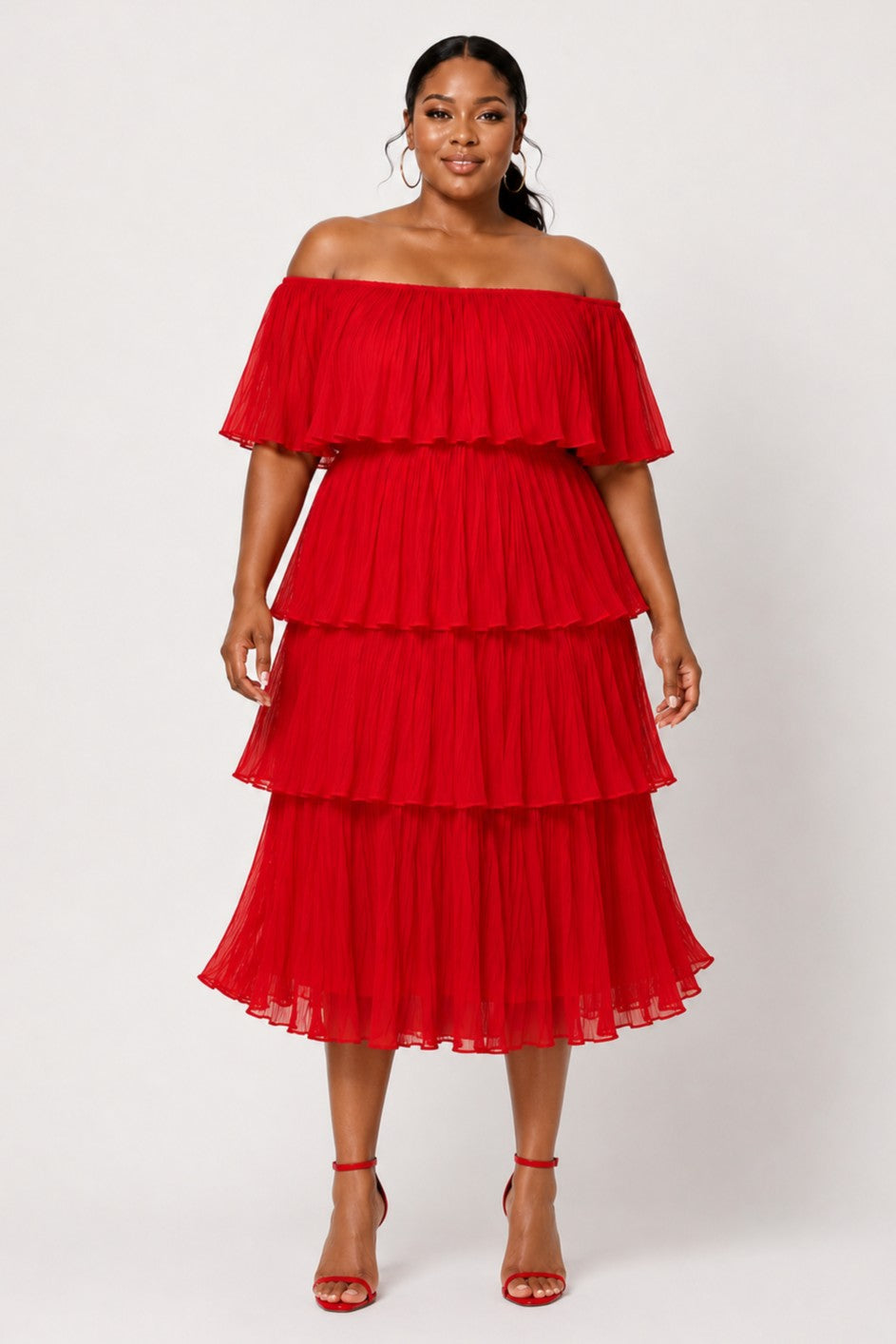Off Shoulder Tiered Ruffle Midi Dress
