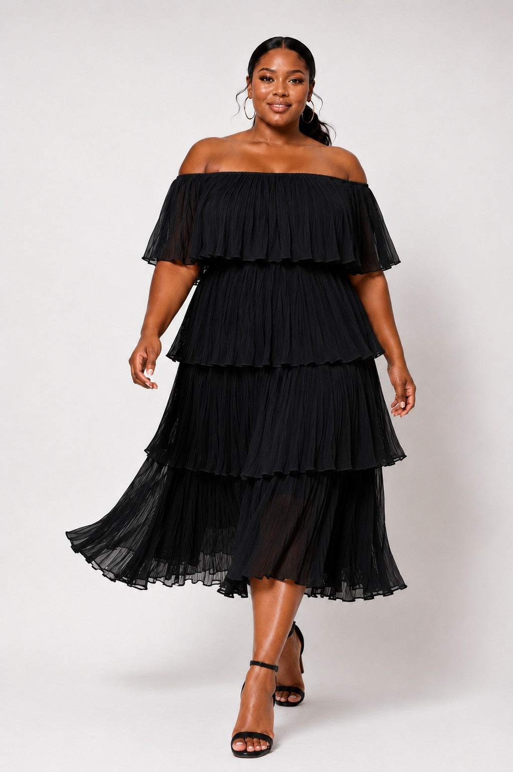 Off Shoulder Tiered Ruffle Midi Dress