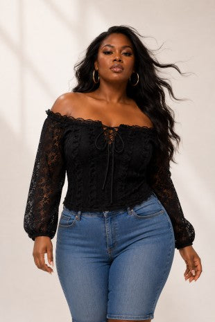 Plus Size Lace Front Lace Up Off Shoulder Top