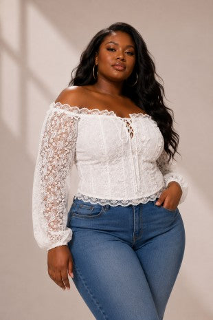 Plus Size Lace Front Lace Up Off Shoulder Top
