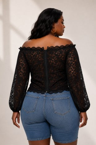 Plus Size Lace Front Lace Up Off Shoulder Top