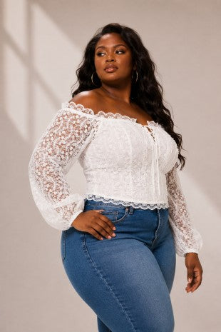 Plus Size Lace Front Lace Up Off Shoulder Top
