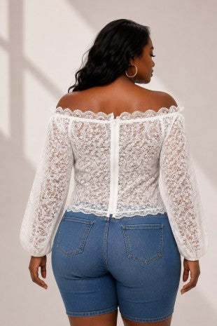Plus Size Lace Front Lace Up Off Shoulder Top