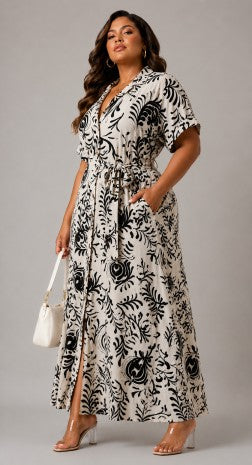 Plus Size Floral Print Waist Tie Detail Maxi Dress