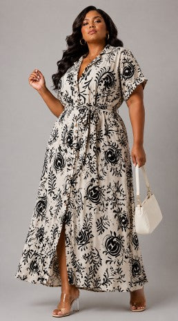 Plus Size Floral Print Waist Tie Detail Maxi Dress