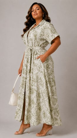Plus Size Floral Print Waist Tie Detail Maxi Dress