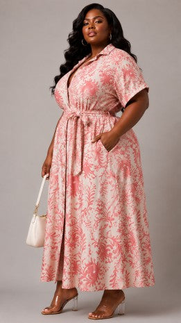 Plus Size Floral Print Waist Tie Detail Maxi Dress
