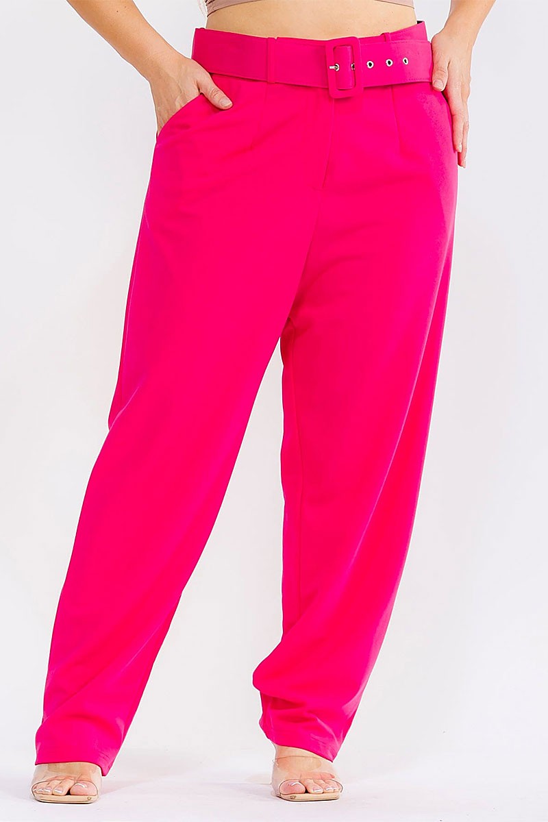 Button Closure Pockets Belted Straight Leg Solid Pants