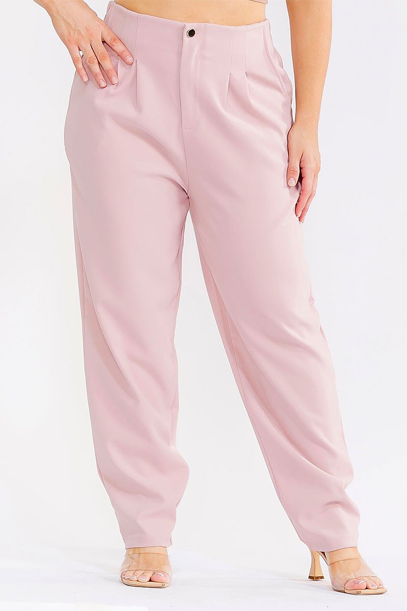 Button Closure Elastic Waistband Pockets Straight Leg Pants