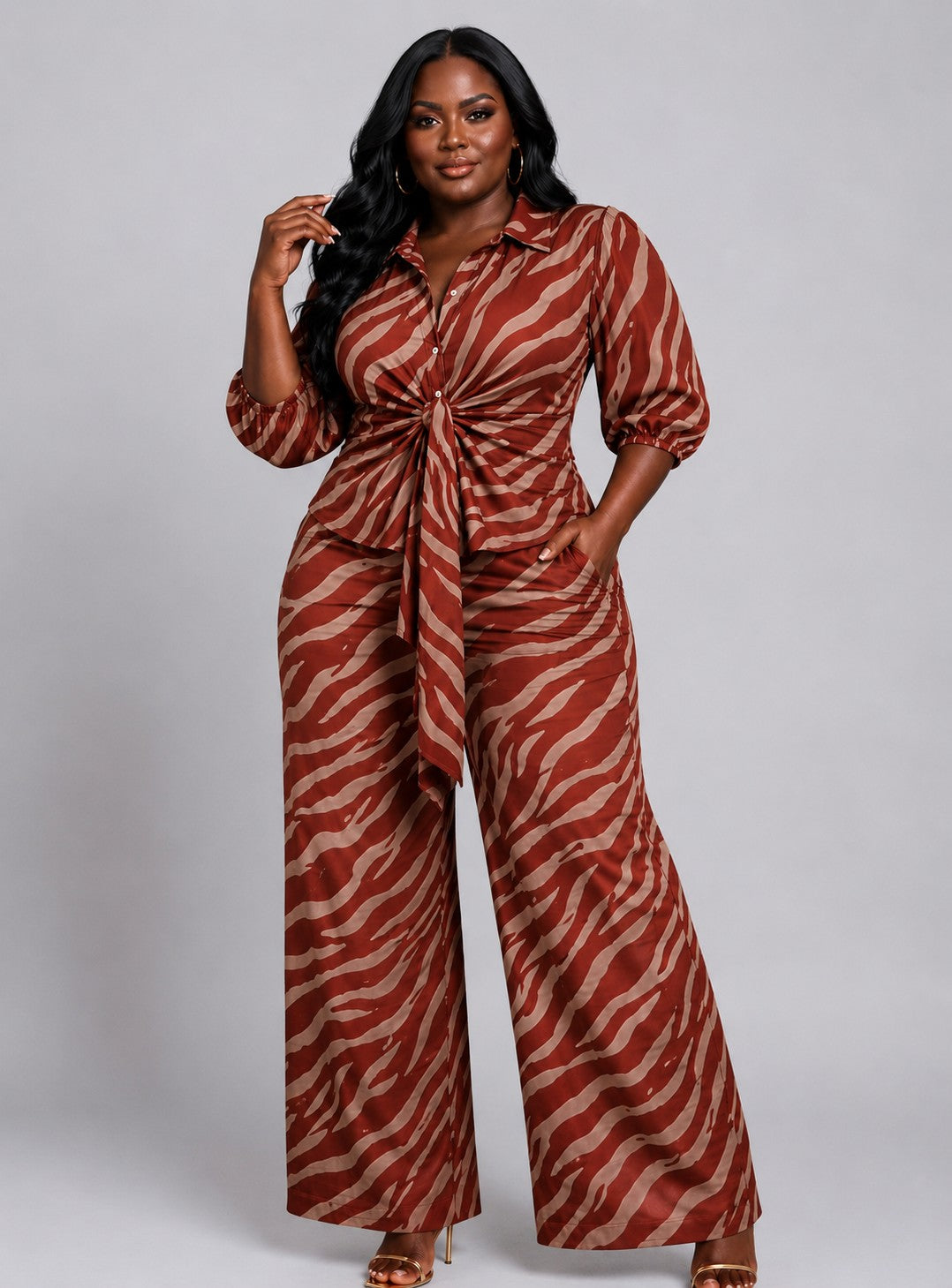 Zebra Front Tie Shirt & Pants Set
