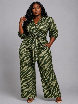 Plus Size Zebra Print Front Tie Shirt And Pants Set