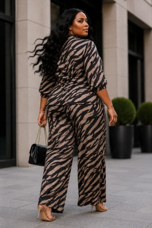 Plus Size Zebra Print Front Tie Shirt And Pants Set