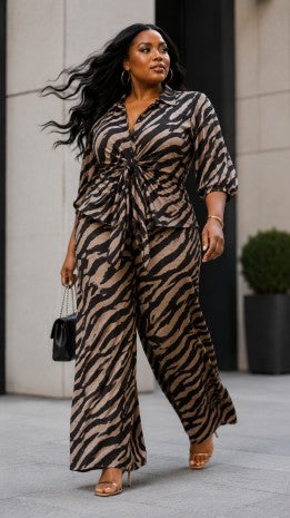 Plus Size Zebra Print Front Tie Shirt And Pants Set