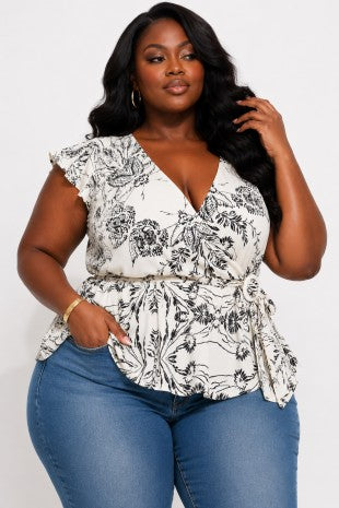 Plus Size Floral Peplum Waist Detail Tie Top