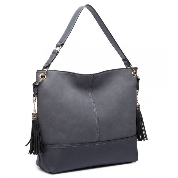 Z-LEATHER TASSEL SLOUCH HOBO BAG GREY-SOLD-SOLD-Daring Diva Australia