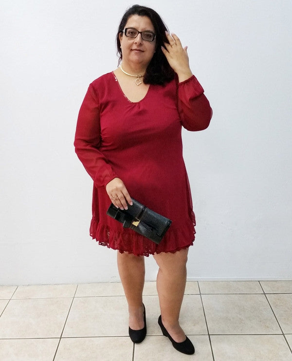 Z-Dark Red V-Neck Lace Trim Dress-SOLD-SOLD-Daring Diva Australia