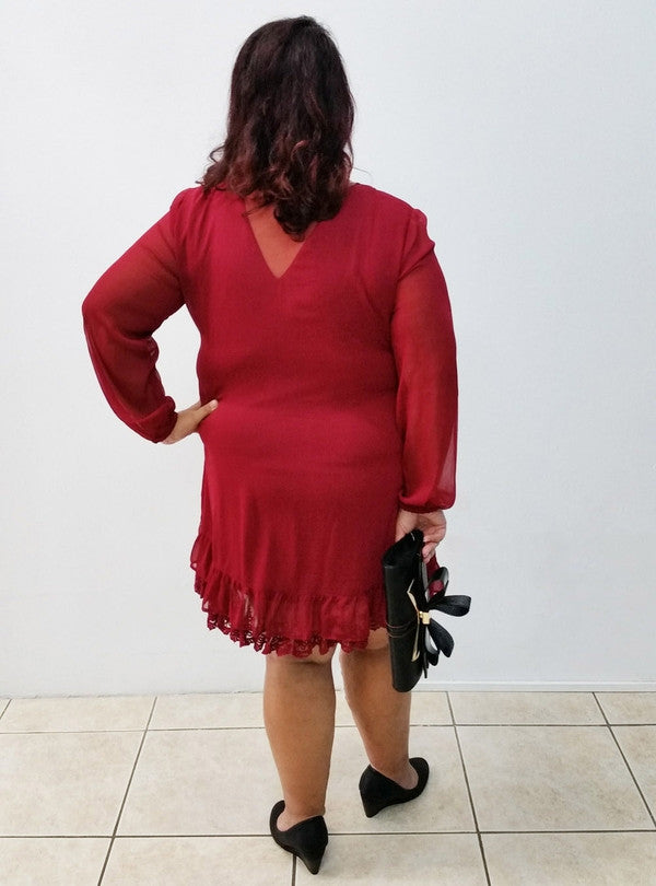 Z-Dark Red V-Neck Lace Trim Dress-SOLD-SOLD-Daring Diva Australia