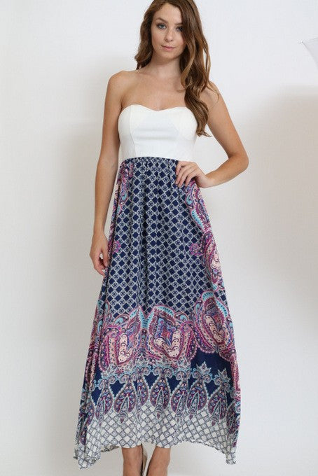 Z-Strapless Printed Maxi Dress Navy-SOLD-SOLD-Daring Diva Australia
