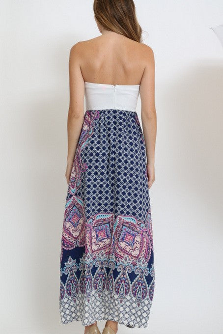 Z-Strapless Printed Maxi Dress Navy-SOLD-SOLD-Daring Diva Australia